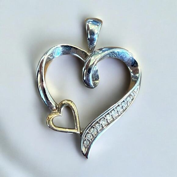Sterling Jewelry - 925 Sterling Silver / 10K Gold Real Diamond Double Heart Charm Pendant